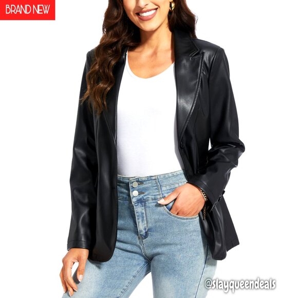 Oversized Faux Leather Blazer Jacket Vegan Moto Biker Coat Tailored Fit